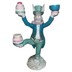 Tophat & Tail Easter Bunny Mad Hatter Balancing Teacup And Cakes 12.5" NEW